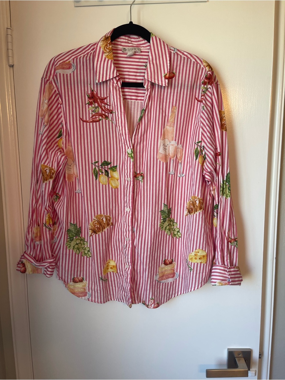 Elaine Rose Women's Pink Striped Button-Down Shirt with Playful Food Prints
